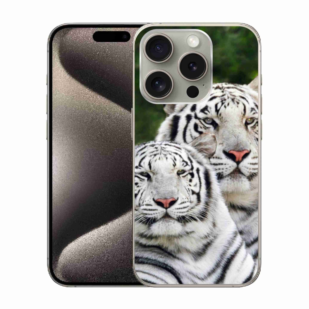 Gél tok mmCase iPhone 15 Pro készülékhez - fehér tigrisek