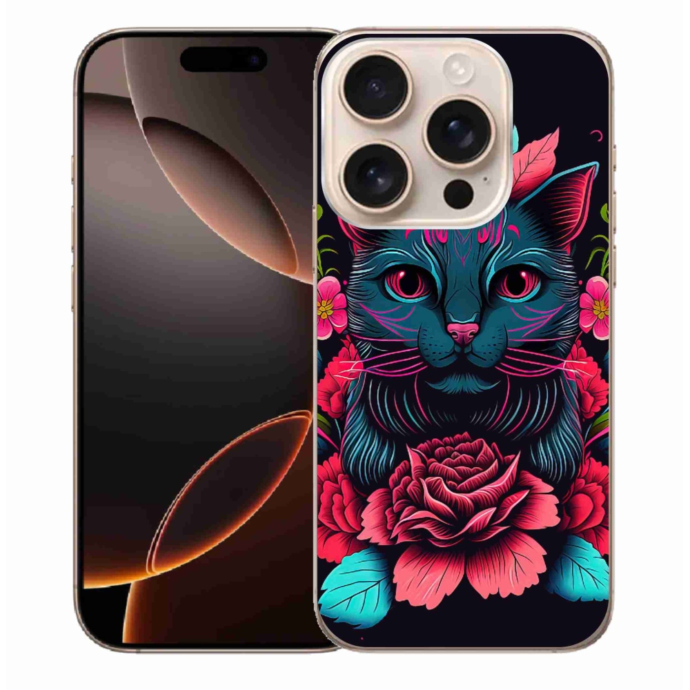 Gél borítás mmCase iPhone 16 Pro Max készülékhez - virágok és macska