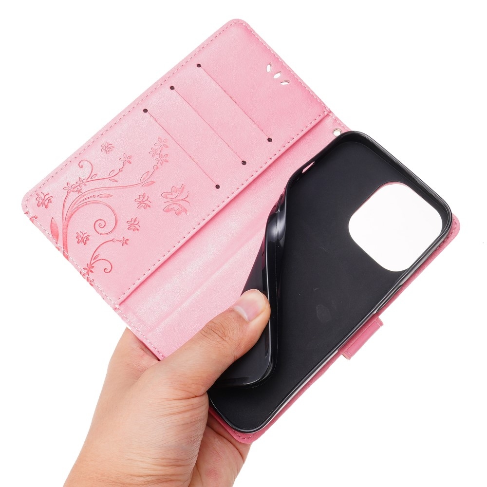 Virágok könyv tok iPhone 15 Pro készülékhez - rózsaszín