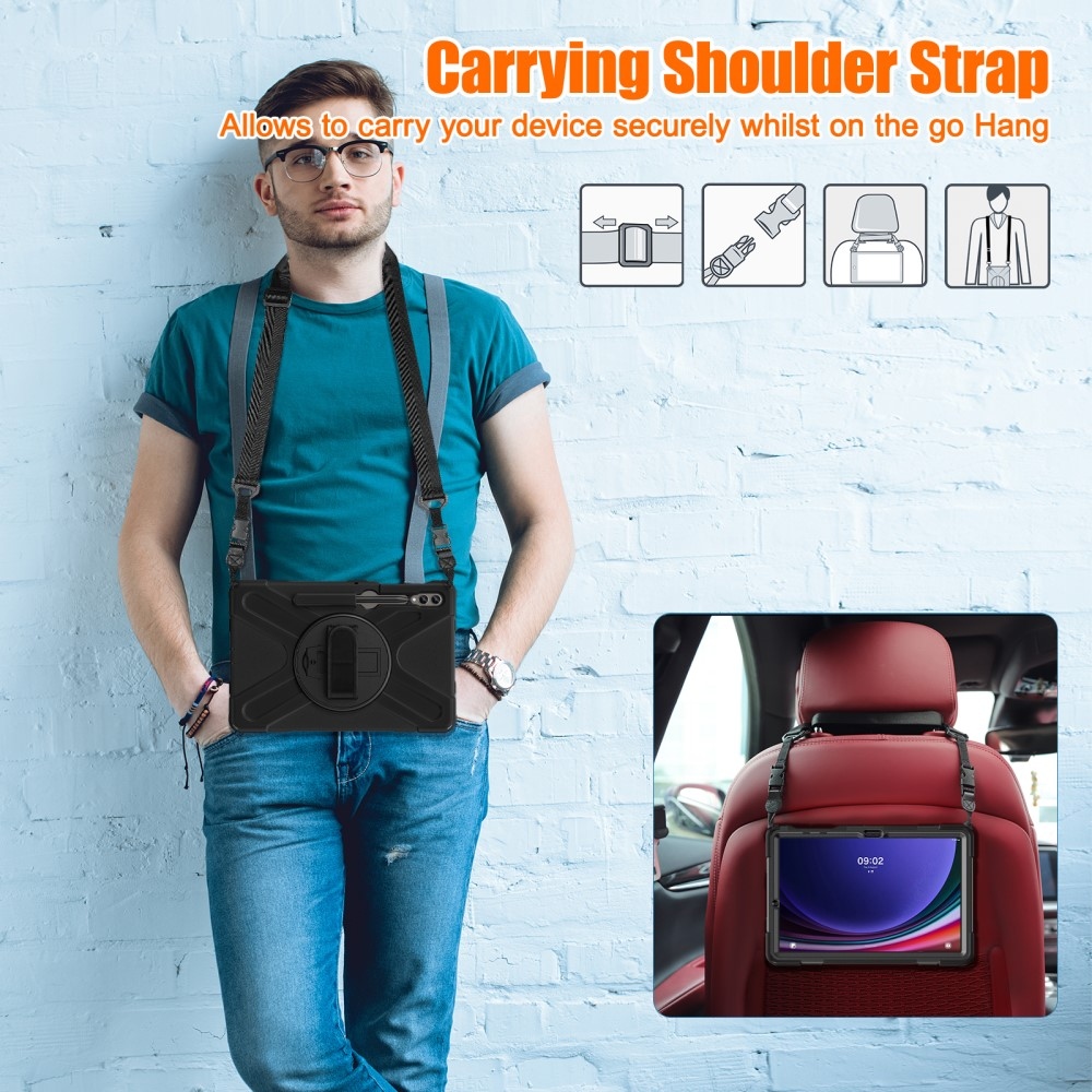 Strapabíró borító kézi fogantyúval és pánttal Samsung Galaxy Tab S10+/S9+/S9 FE+/S8+/S7+ - fekete