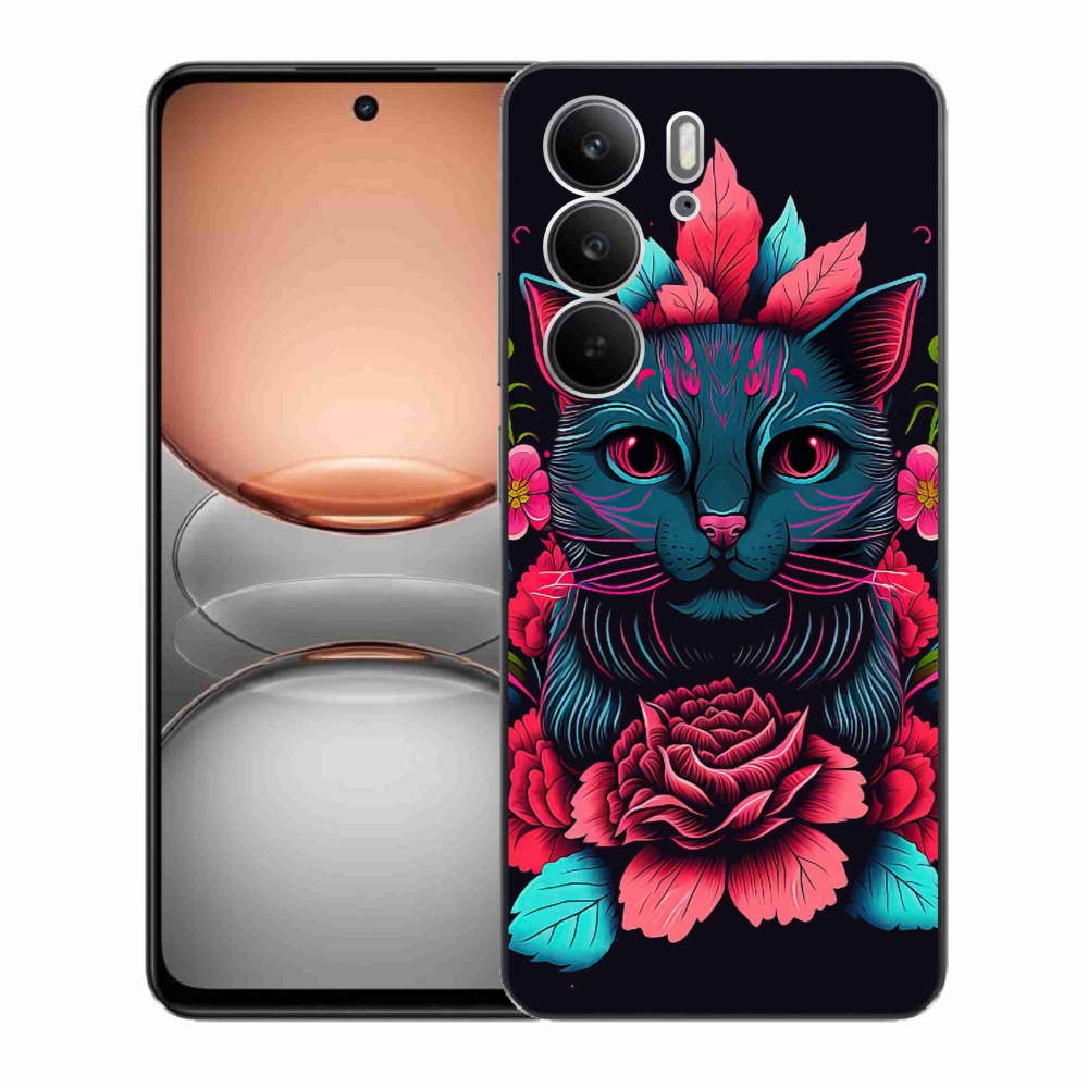 Gél borító mmCase a Realme C75 készülékhez - virágok és macska