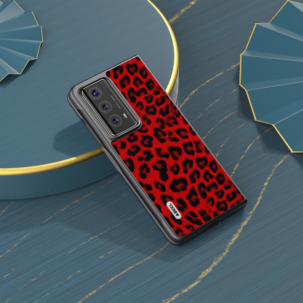 Leopárd műanyag tok műbőrrel Honor Magic V2 készülékhez - piros