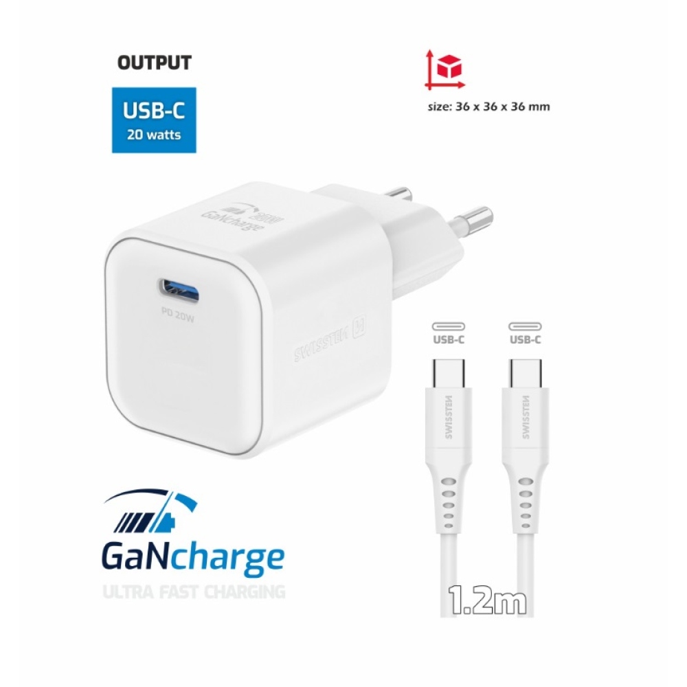Swissten GaN 1x USB-C 20W Power Delivery + USB-C/USB-C 1,2m kábel - fehér