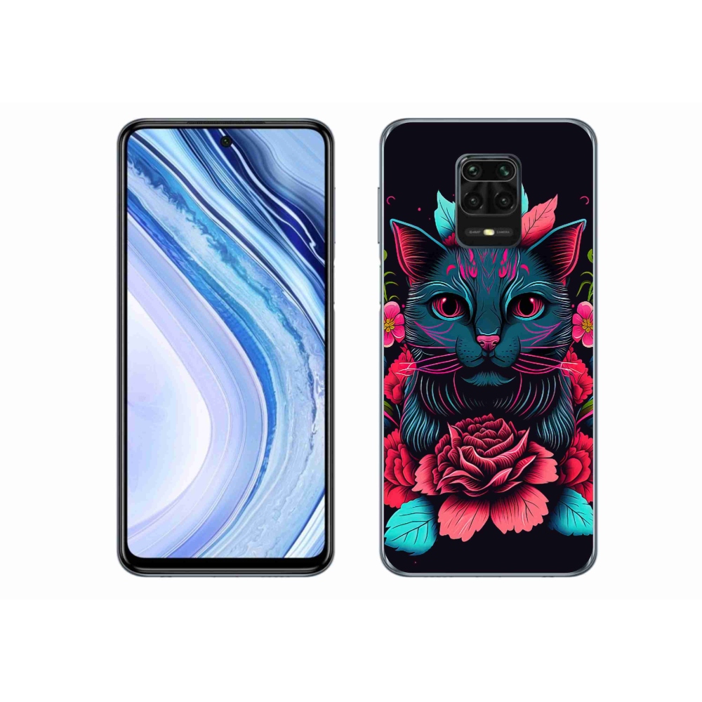 Gél borító mmCase a Xiaomi Redmi Note 9 Pro számára - virágok és macska