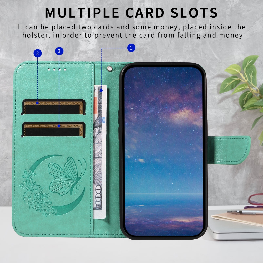 Virágos pillangó könyvtáska iPhone 17 készülékhez - teal színű