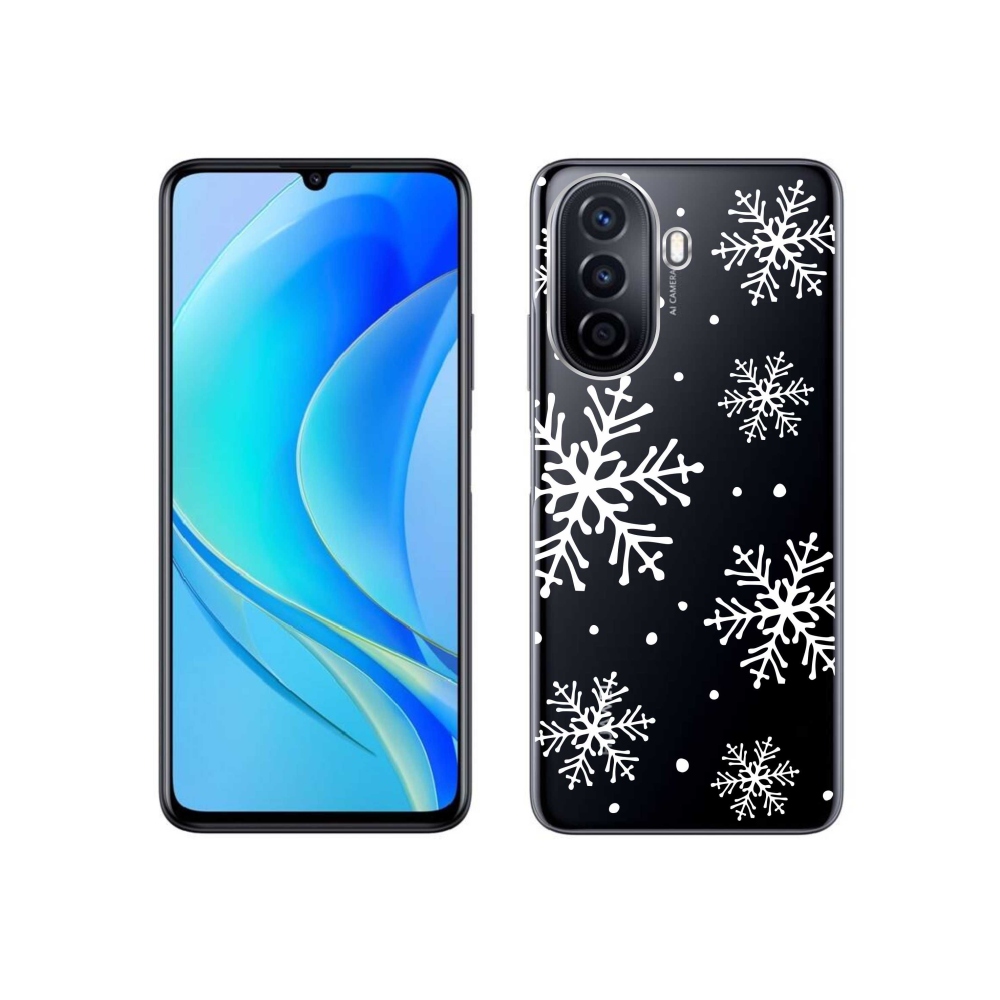 Gél borító mmCase a Huawei Nova Y70 készülékre - fehér hópelyhek átlátszó háttéren