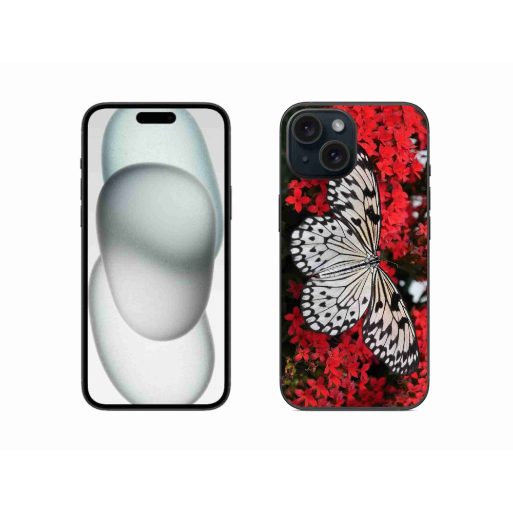 Zselés borítás mmCase iPhone 15 készülékhez - fekete-fehér pillangó 1