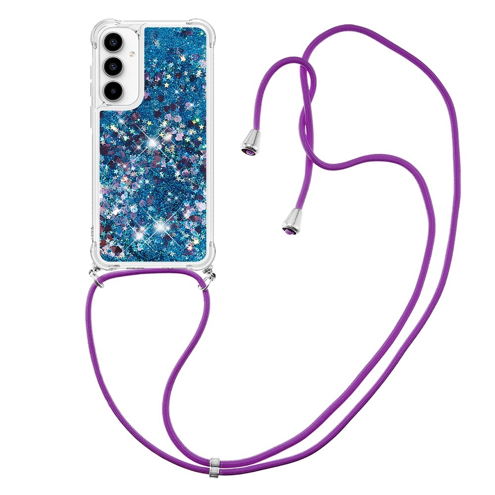 Csillogó homokóra zselés tok húzózsinórral Samsung Galaxy A36 5G - kék/szív