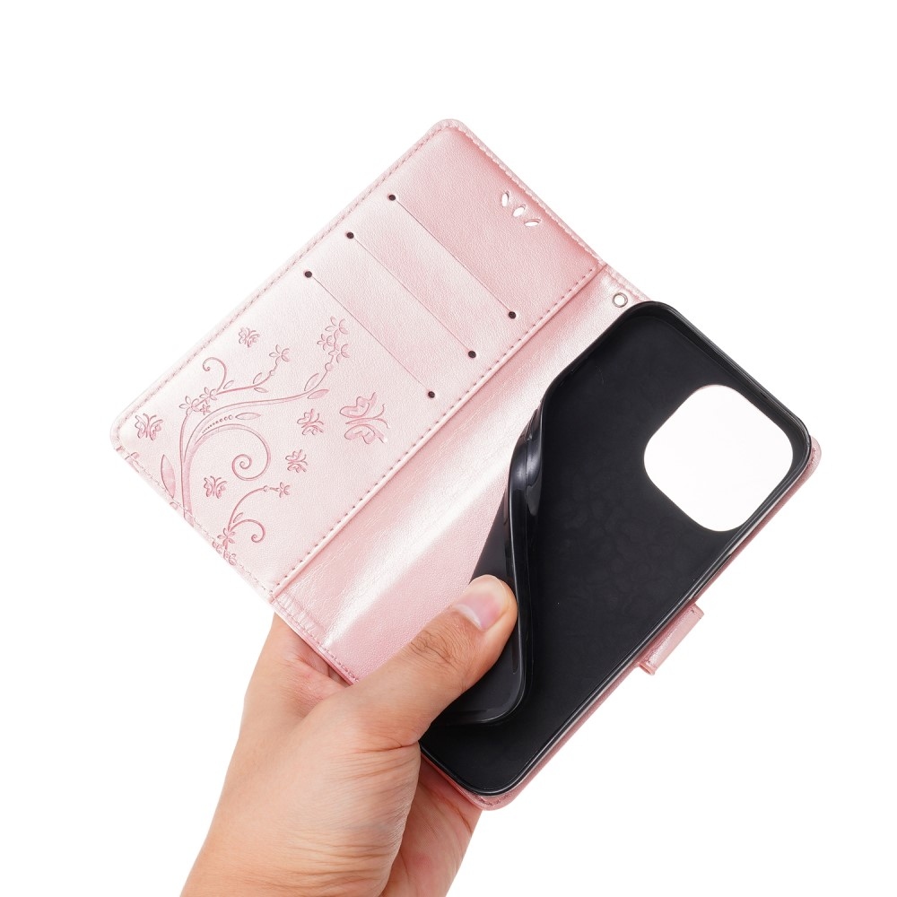 Virágok könyvtáska iPhone 15 Pro készülékhez - rózsaarany