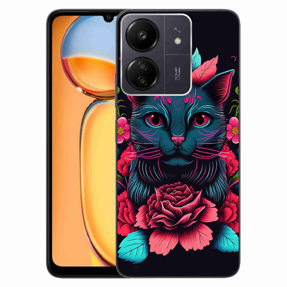 Gél borító mmCase a Xiaomi Poco C65/Redmi 13C számára - virágok és macska