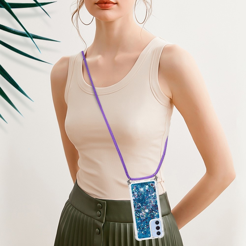 Csillogó homokóra zselés tok húzózsinórral Samsung Galaxy A26 5G - kék/szív