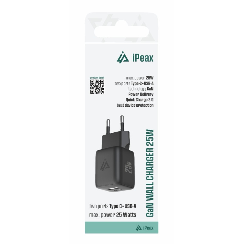 iPEAX GaN 25 W-os hálózati töltő, 1x USB-C és 1x USB-A - fekete