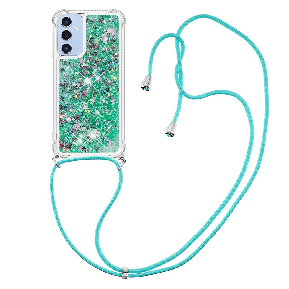 Csillogó homokóra zselés tok húzózsinórral Samsung Galaxy A26 5G - zöld/szív