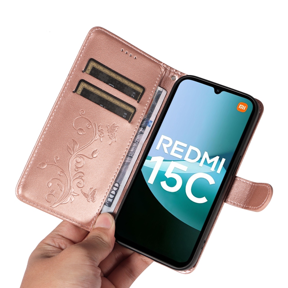 Virágok könyv tok Xiaomi Redmi 15C 4G/5G (173mm) - rózsa arany