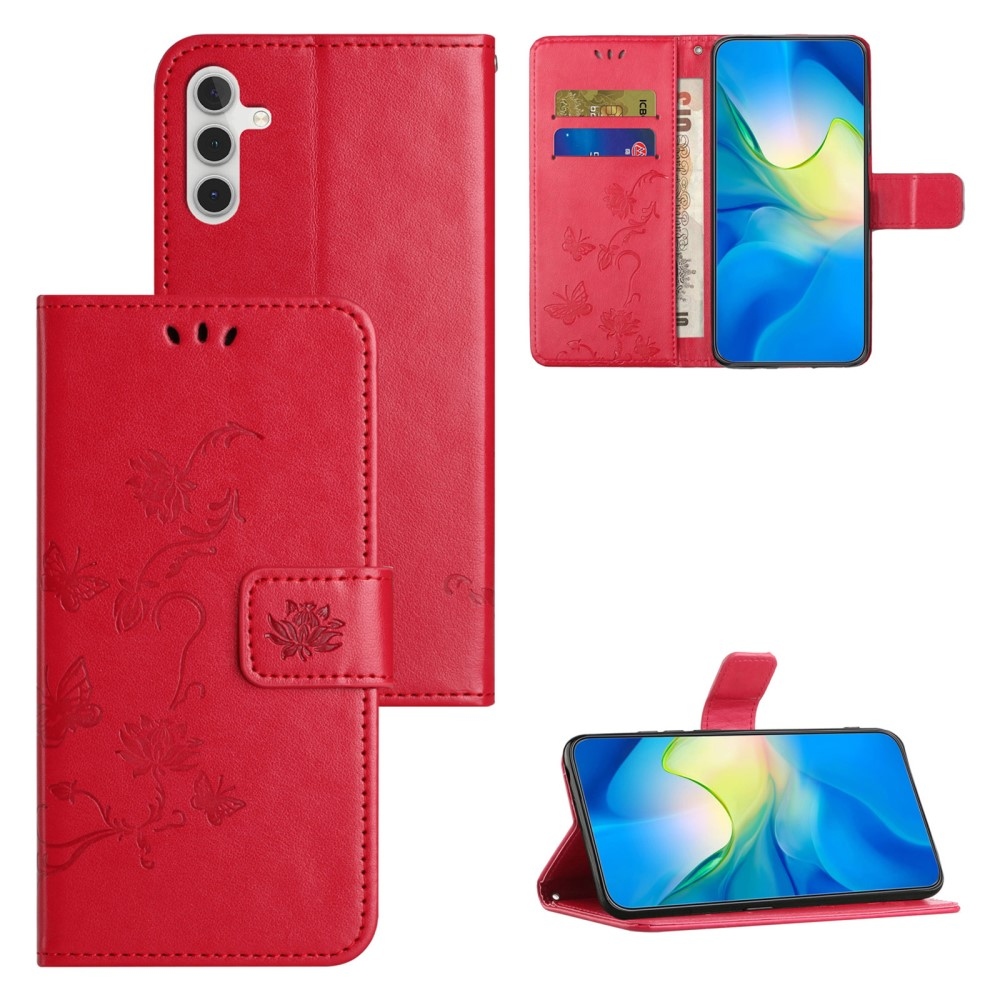 Virágos könyvtáska Samsung Galaxy S24 FE készülékhez - piros