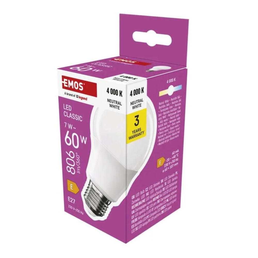 LED izzó Classic A60 / E27 / 7 W (60 W) / 806 lm / semleges fehér