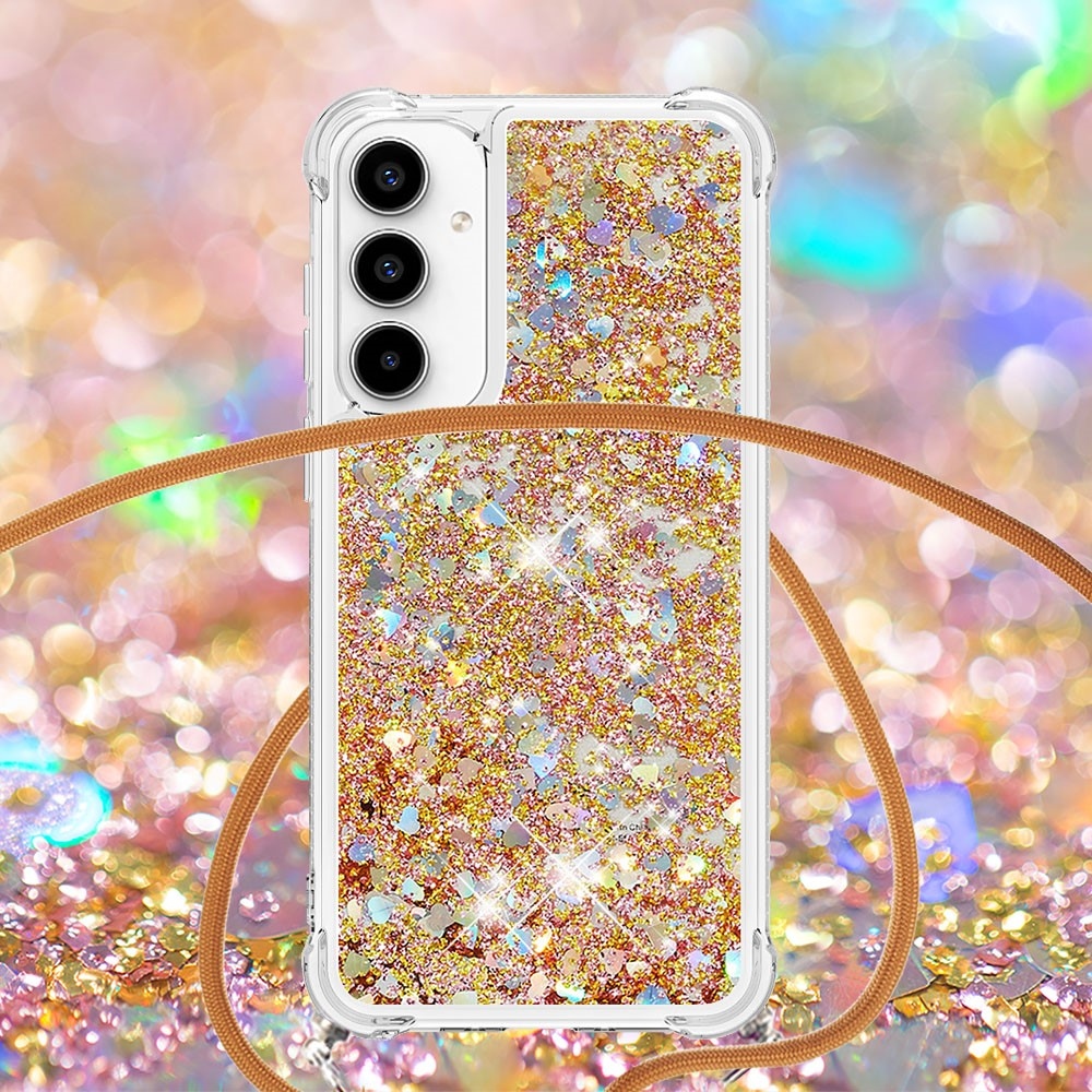 Csillogó homokóra zselés tok zsinórral Samsung Galaxy A36 5G - arany/szív