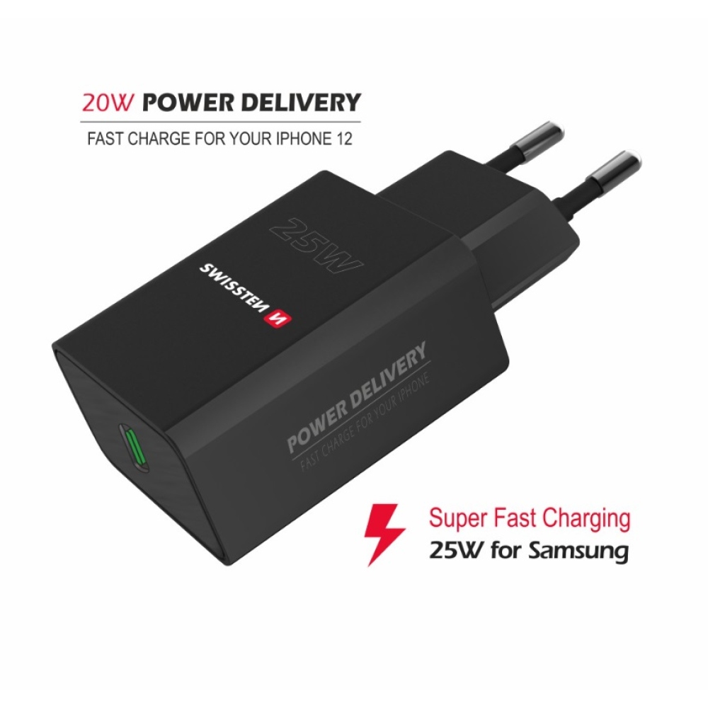 Swissten Power Adapter PD 25W iPhone és Samsung készülékhez (ECO csomag) - fekete