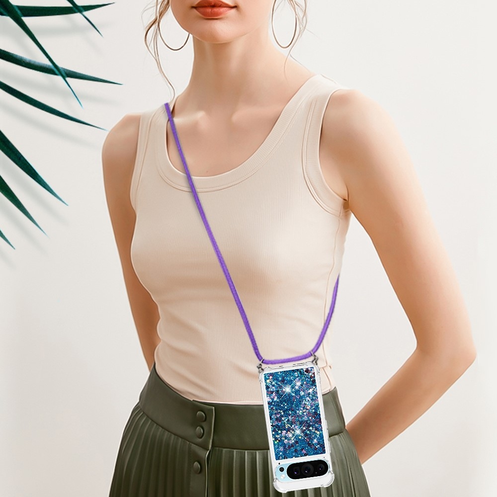 Csillogó homokóra zselés tok zsinórral a Google Pixel 10 Pro/Pixel 10 számára - kék/szív