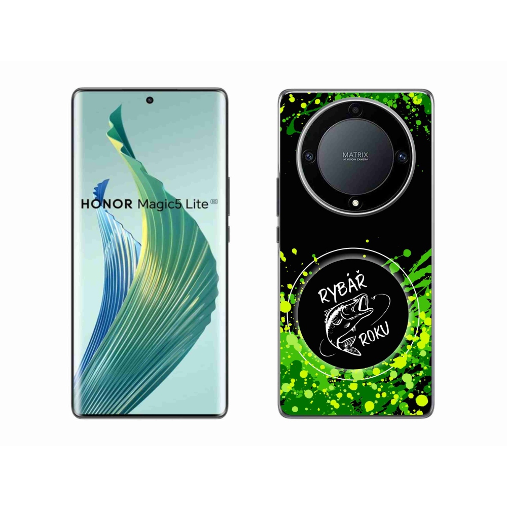 Zselés borító mmCase a Honor Magic 5 Lite 5G számára - az év horgásza fekete háttérrel