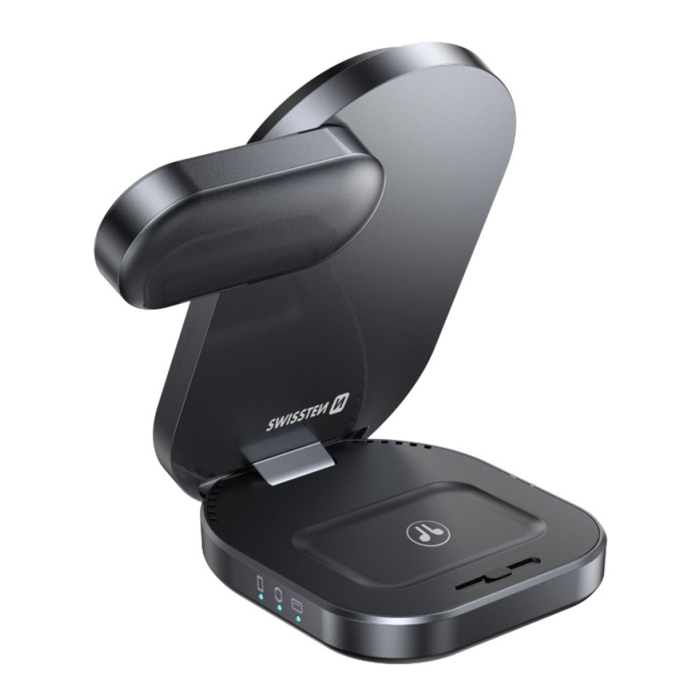 Swissten összecsukható vezeték nélküli Qi2 MagBase 3in1 töltő - fekete (MagSafe kompatibilis)