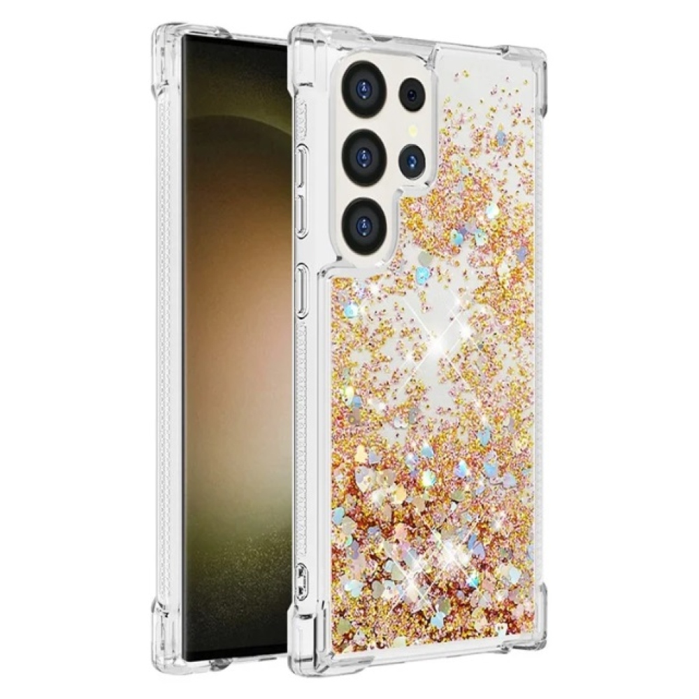 Glitter homokóra zselés tok Samsung Galaxy S24 Ultra készülékhez - arany/szív