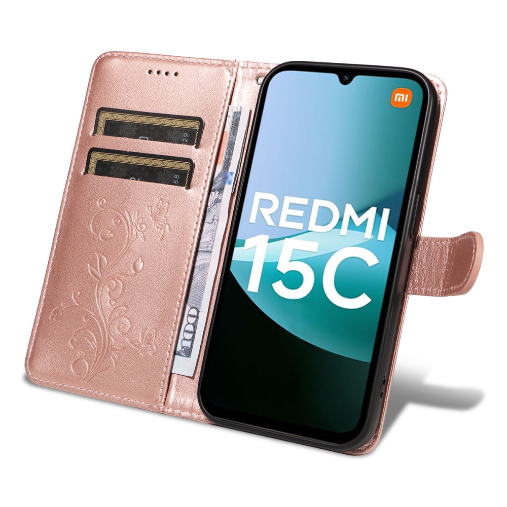 Virágok könyv tok Xiaomi Redmi 15C 4G/5G (173mm) - rózsa arany