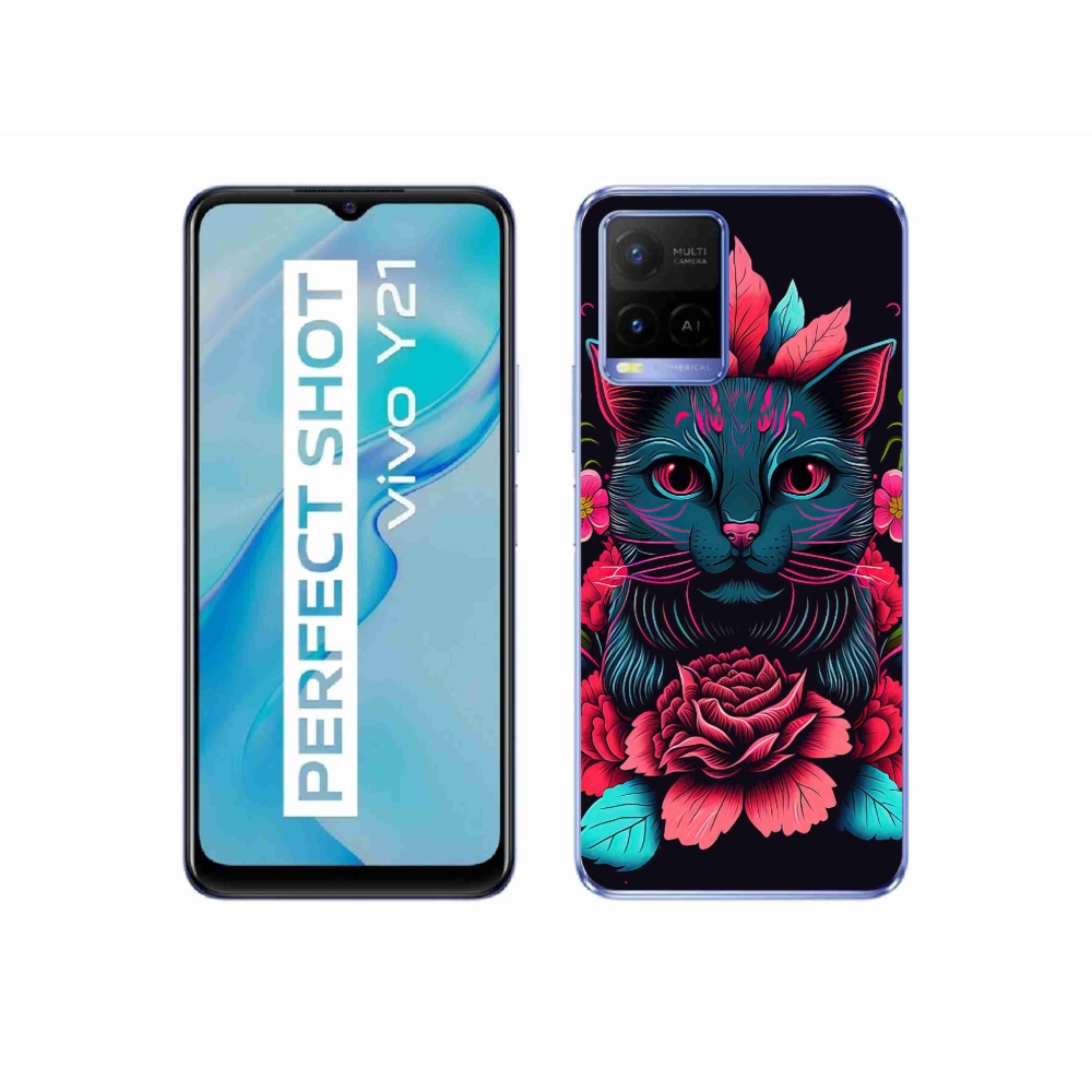 Zselés borító mmCase a Vivo Y21/Y21s/Y33s modellekhez - virágok és macska