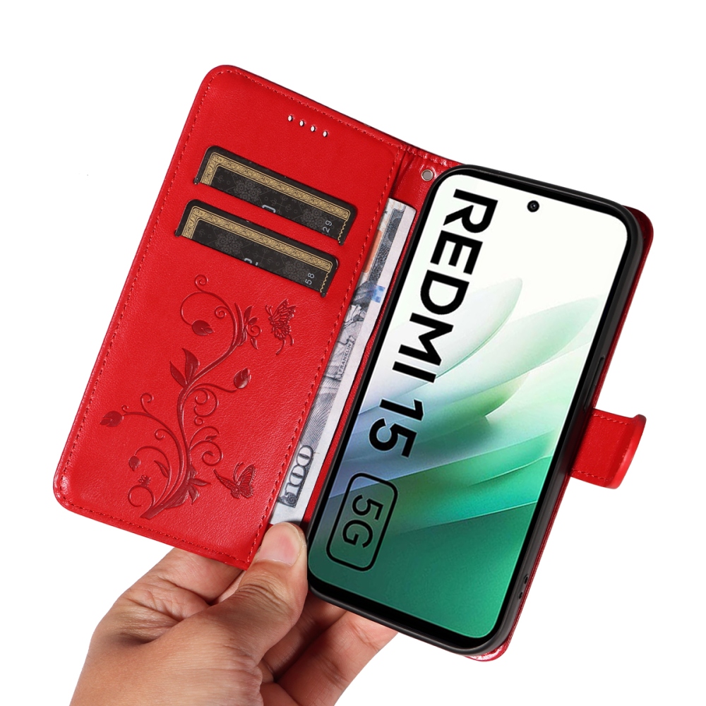 Virágos könyv tok Xiaomi Redmi 15 4G (171mm) - piros