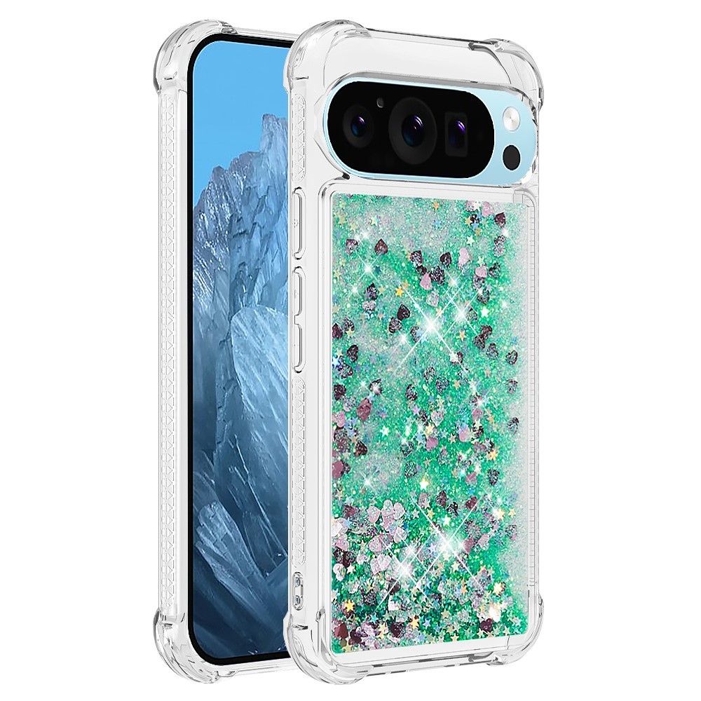 Csillogó homokóra zselés tok Google Pixel 10 Pro/Pixel 10 - zöld/szívek