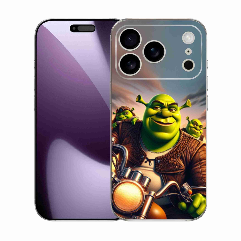 Zselés borítás mmCase iPhone 17 Pro készülékhez - Shrek egy motorkerékpáron