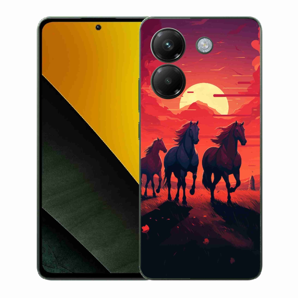 Gél borítás mmCase a Xiaomi Poco M7 Pro 5G számára - lovak és naplemente