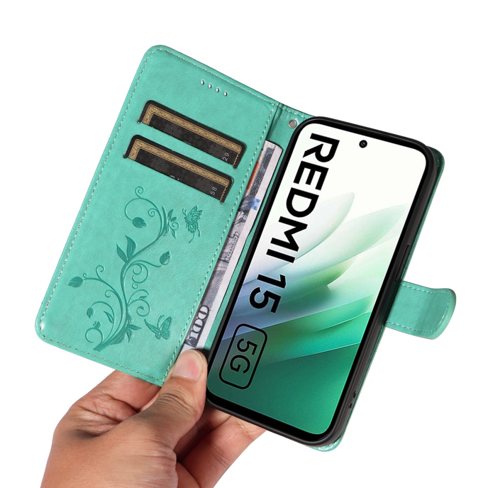 Virágok könyv tok Xiaomi Redmi 15 5G (169mm) - teáskék színű