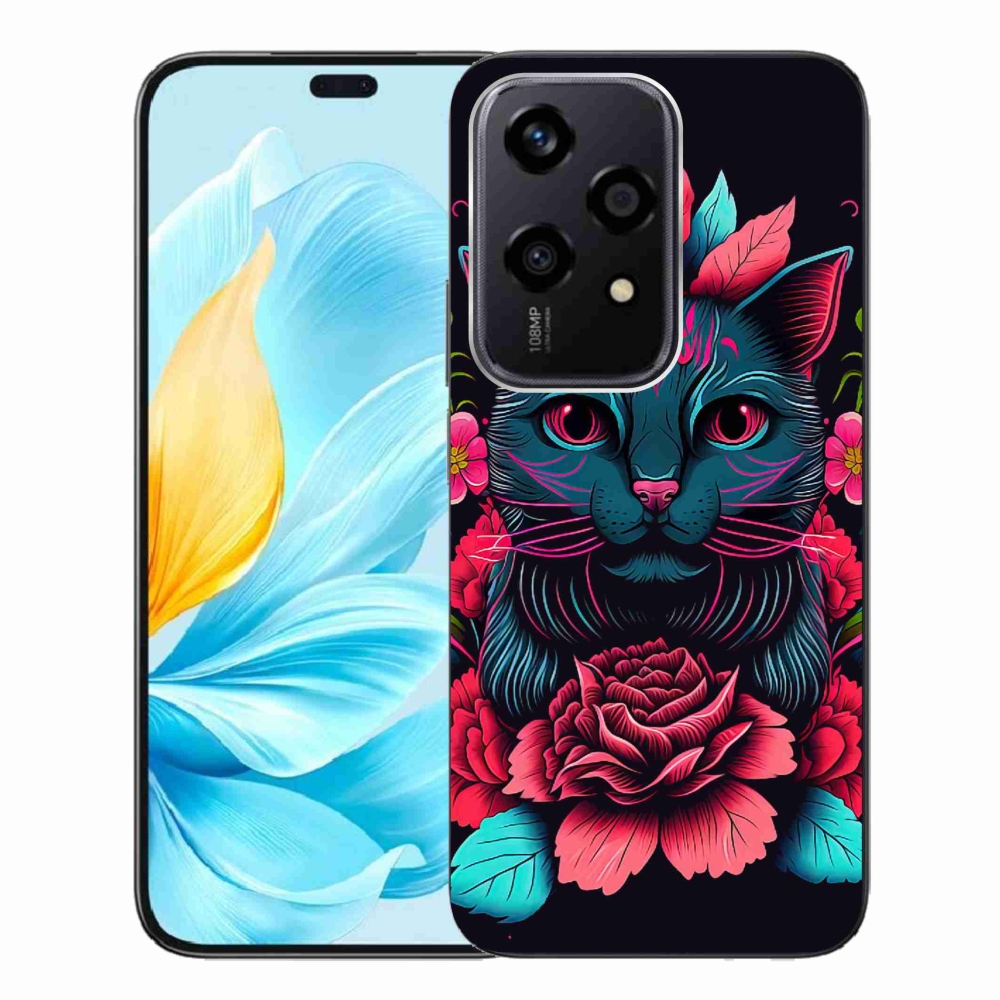 Zselés borító mmCase a Honor 200 Lite 5G számára - virágok és macska