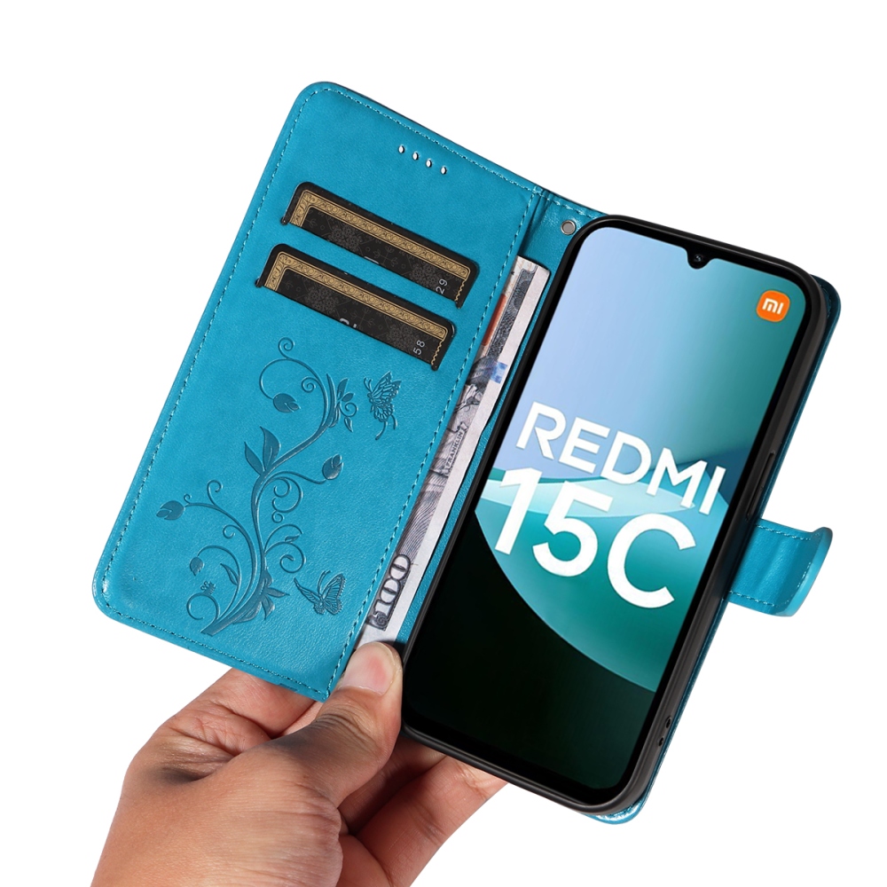 Virágok könyv tok Xiaomi Redmi 15C 4G/5G (173mm) - kék
