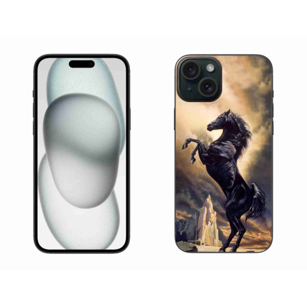 Zselés borítás mmCase iPhone 15 Plus készülékhez - fekete rajzfilm ló