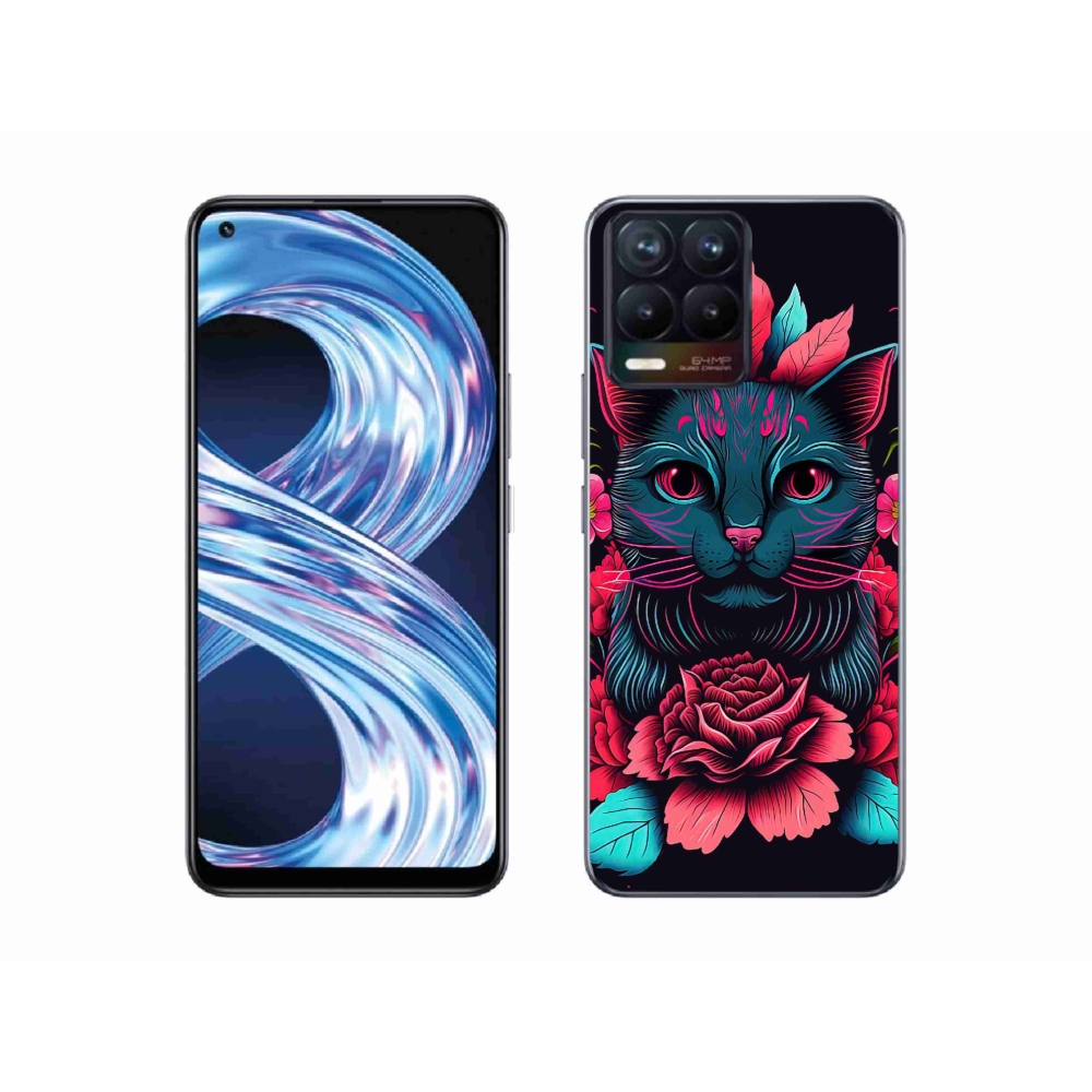 Gél borító mmCase a Realme 8 4G-hez - virágok és macska