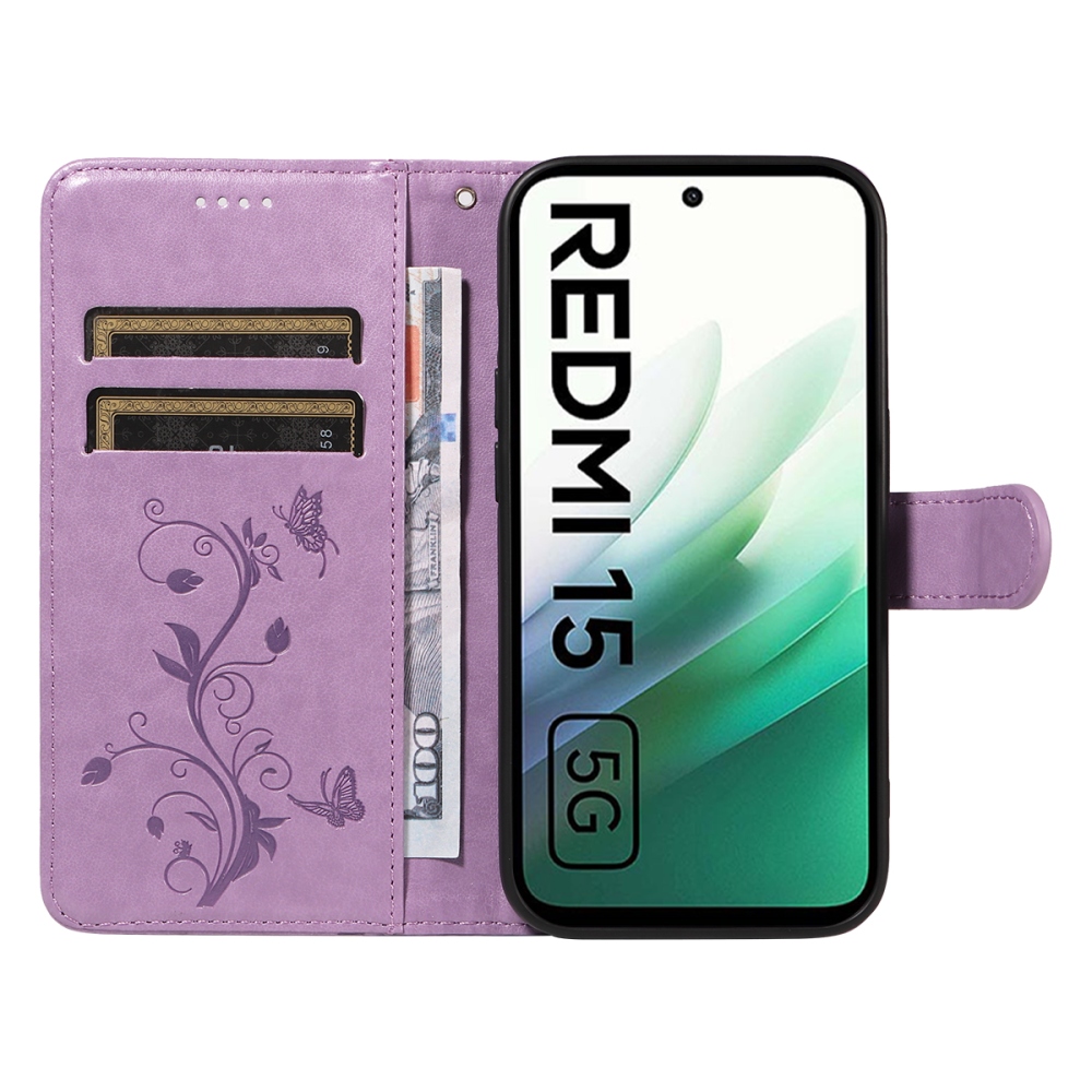 Virágos könyves tok Xiaomi Redmi 15 4G (171mm) - világos lila