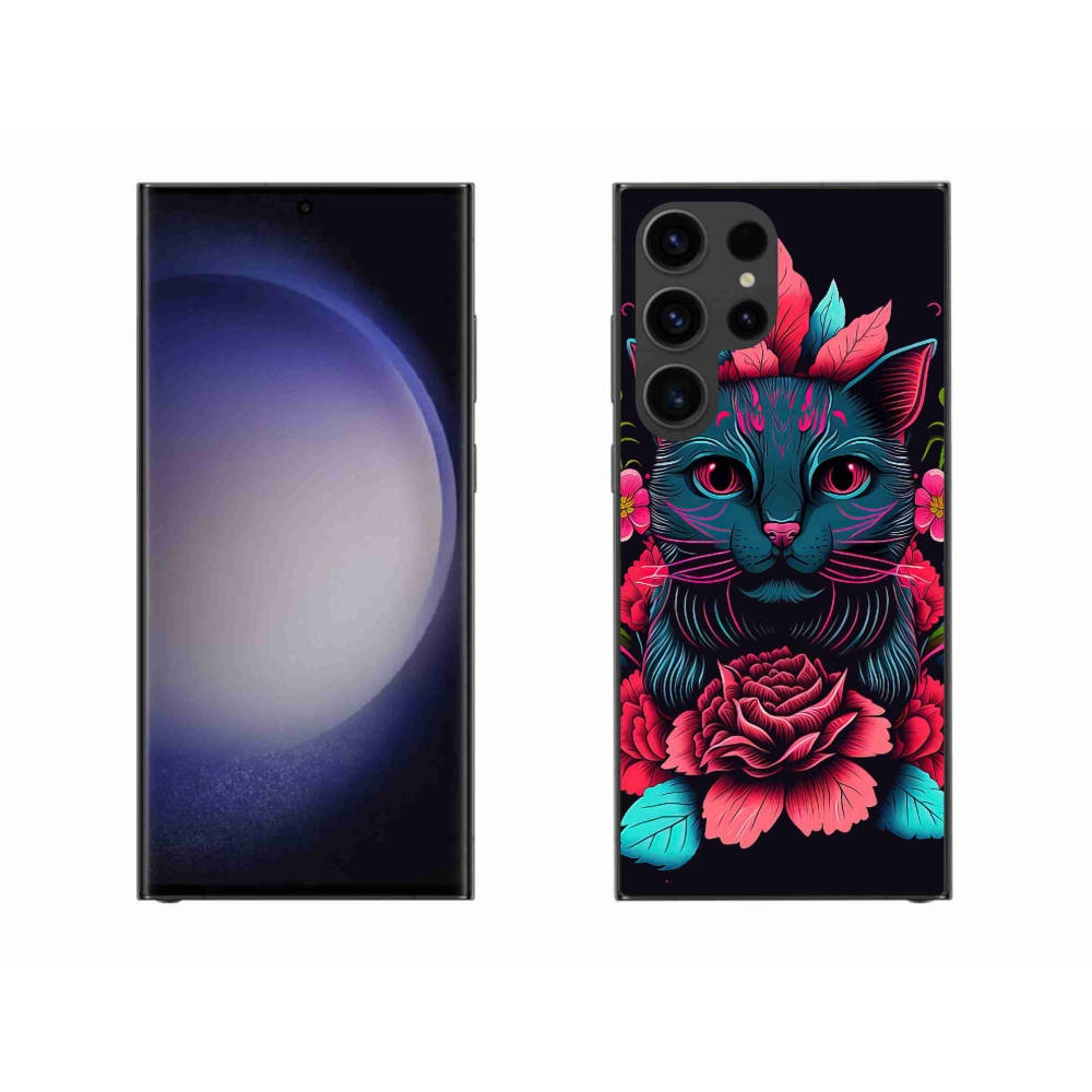 Gél borítás mmCase Samsung Galaxy S23 Ultra 5G - virágok és macska