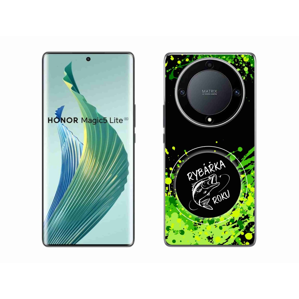 Zselés borító mmCase a Honor Magic 5 Lite 5G számára - az év horgásza fekete háttérrel