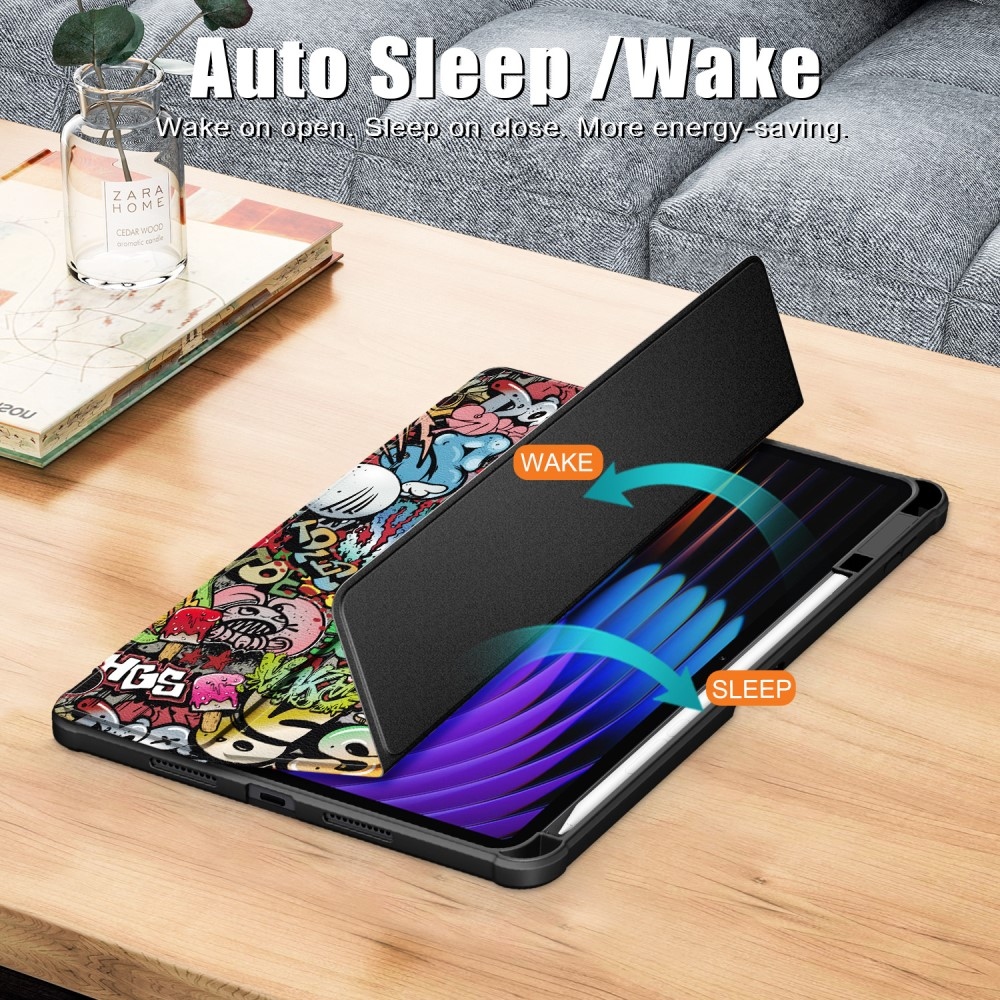 Mintás intelligens pozicionáló tok átlátszó hátlappal Xiaomi Pad 7/7 Pro tablethez - graffiti