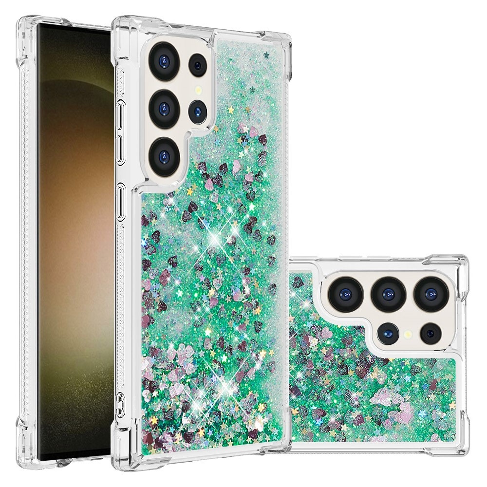 Glitter homokóra zselés tok Samsung Galaxy S24 Ultra készülékhez - zöld/szívek