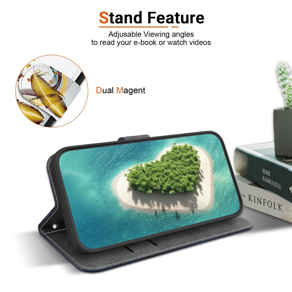 Sokoldalú könyvtáska Samsung Galaxy A06 4G készülékhez - arany és kék tollakkal