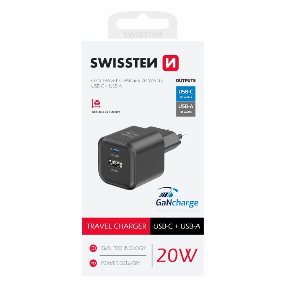 Töltő Swissten GaN 1x USB-C 20W PD + 1x USB-A 18W QC - fekete