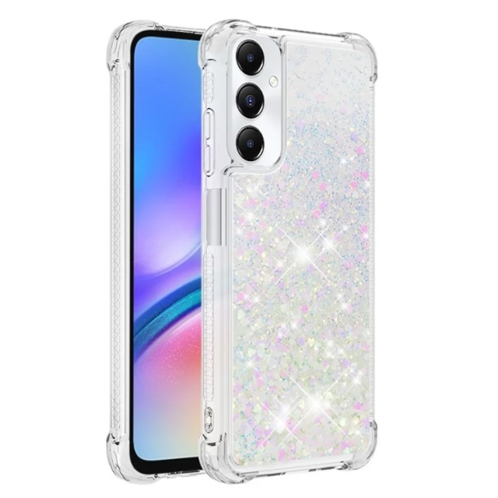 Glitter zselés homokóra tok Samsung Galaxy A05s készülékhez - rózsaszín/ezüst/szív