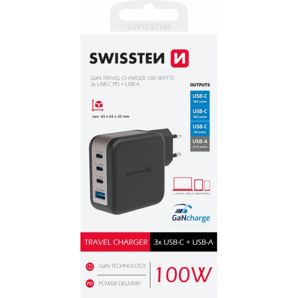 Swissten GaN hálózati adapter 3x USB-C 100W PD + 1x USB-A 18W QC - fekete