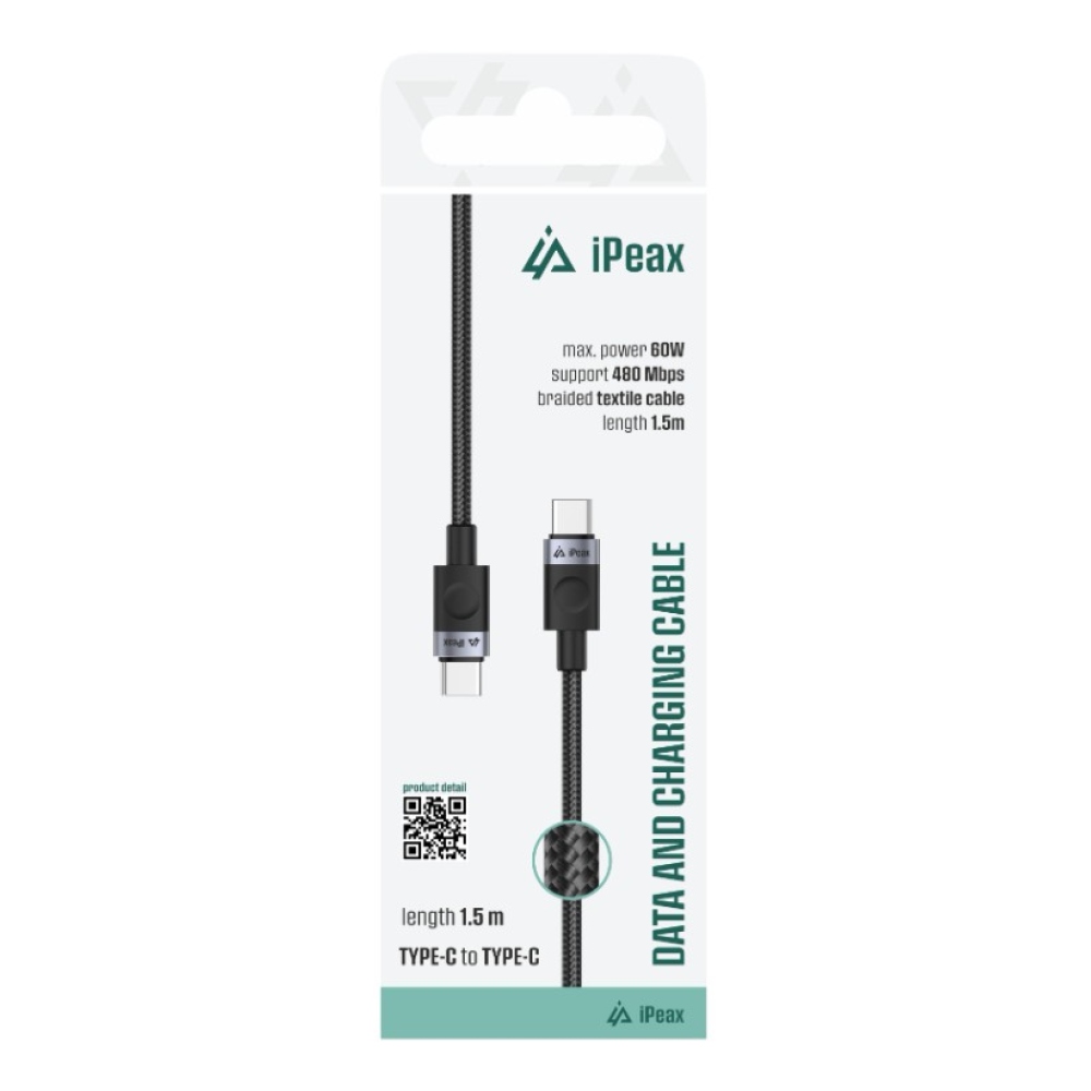 iPEAX textil kábel USB-C / USB-C 1,5 m, USB 2.0 - fekete