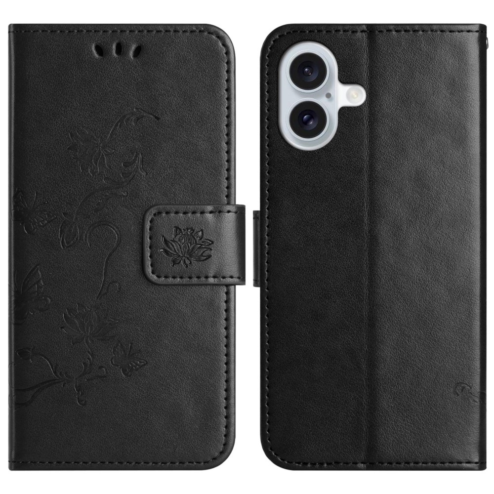 Virágos könyvtáska iPhone 16-hoz - fekete