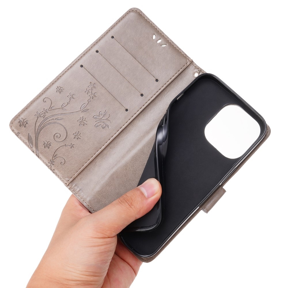 Virágok könyvtáska iPhone 15 Pro készülékhez - szürke