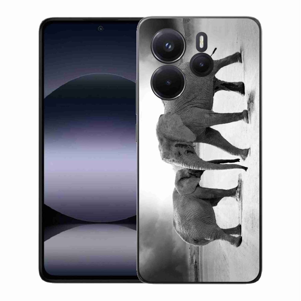 Gél borítás mmCase a Xiaomi Redmi Note 14-hez - fekete és fehér elefántok